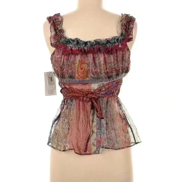 ETRO Women's Silk Chiffon Tank Blouse Top Ruffle Floral Print Shirt 44 Small NWT - Picture 4 of 9